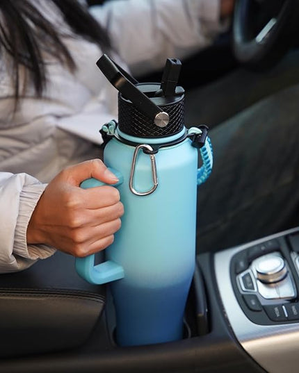 BJPKPK Insulated Water Bottles with Straw Lid, 35oz Metal Water Bottle with 2 lids & Paracord Strap, Double Wall Stainless Steel Vacuum Tumblers, Cups, Mugs, Thermo for Hot& Cold Drinks, Sky