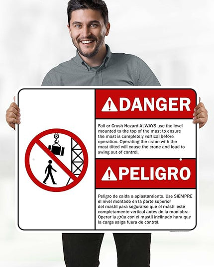 Danger Fall Or Crush Hazard Always Use The Level Mounted Bilingual Sign, 24x30 Inches, Rust Free .063 Aluminum, Fade Resistant, Made in USA by My Sign Center