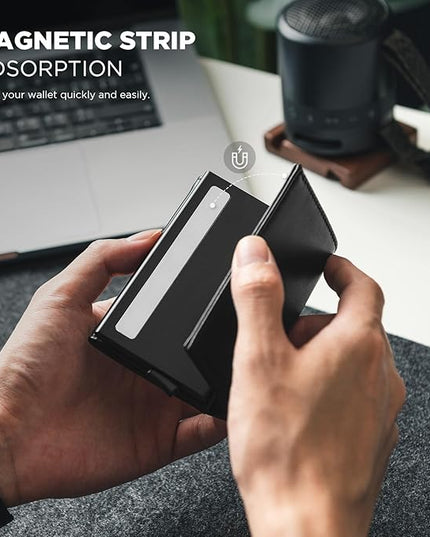 VULKIT Pop up Card Wallet Minimalist Cash Wallets RFID Blocking Leather Smart Credit Card Holder with ID window for Men