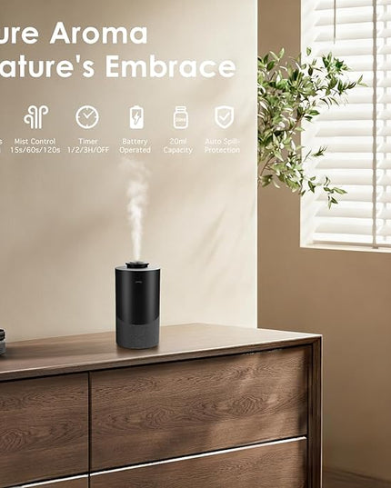 Waterless Essential Oil Diffuser for Home (Aluminum Alloy & Fabric) - Cordless Car Scent diffuser with 3 Timer & 3 Mist Levels - 2000mAh Battery Operated Scent Air Machine for Room Office Hotel, Black