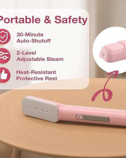 Newbealer 2in1 Travel Iron with Global Voltage, 100-240V Clothes Steamer, Dry Ironing & 2 Steam Levels, Non-Stick Ceramic Soleplate, Fabric Wrinkle Remover, Auto-off, Self Cleaning, No Clamp (Pink)