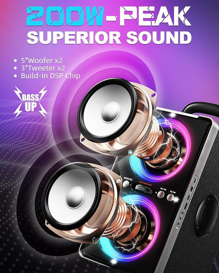 Bluetooth Speaker, 200W Peak Loud Stereo with Big Bass, 20H Playtime, TWS, Fast Charging, Portable Handle, Wireless Large Boombox Bocina with LED Light for Party Outdoor Backyard Camping