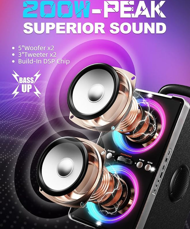 Bluetooth Speaker, 200W Peak Loud Stereo with Big Bass, 20H Playtime, TWS, Fast Charging, Portable Handle, Wireless Large Boombox Bocina with LED Light for Party Outdoor Backyard Camping