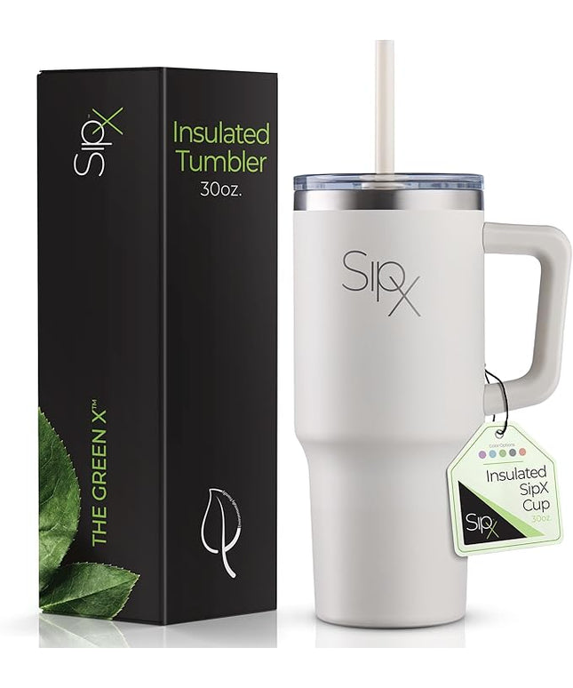 SIPX™ 30 oz Insulated Tumbler with Handle & Straw – Vacuum Insulated Stainless Steel, Leakproof, Cupholder Friendly – Perfect for Iced Coffee, Water & Travel – White
