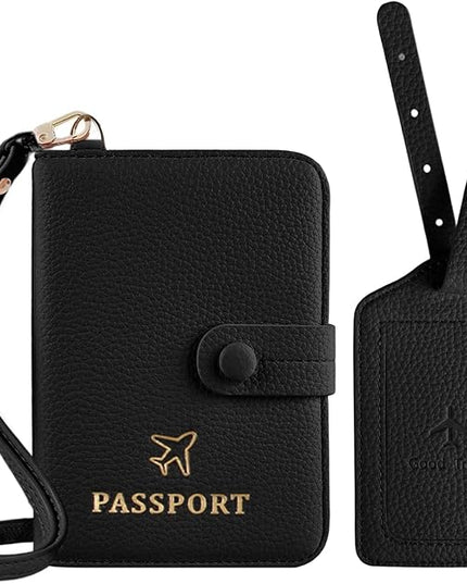 Passport Holder RFID Protected Wallet and Luggage Tag with Protection Cover Travel Accessories Leather Card Case Organizer for Women Men (Black)