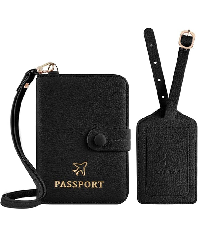 Passport Holder RFID Protected Wallet and Luggage Tag with Protection Cover Travel Accessories Leather Card Case Organizer for Women Men (Black)