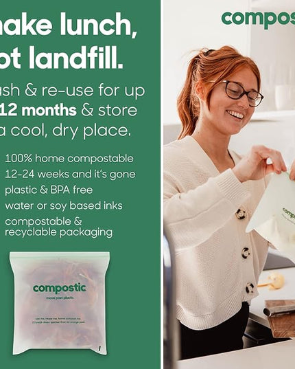 Compostic Home Compostable Resealable Gallon Bags, Microwave & Freezer Safe, Organic Food Storage Container, 60 Count