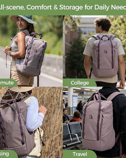 INUK Laptop Backpack for College Students & Work, 25L Lightweight Waterproof Backpack for Business Travel, Hiking Daypack with Padded Sleeve and Safety Whistle, Made from Recycled Materials，Purple