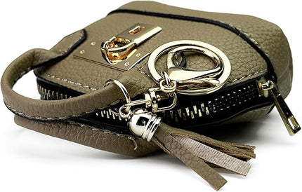 Plinvo Cute Genuine Leather Keychain Coin Purse for Women with Tassels Mini Change Pouch Brown (Grey)
