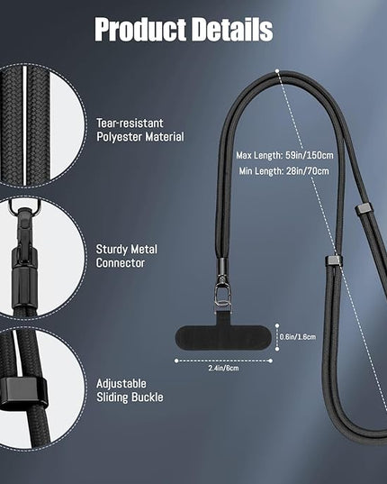 Dadanism Phone Lanyard 2 Pack, 2x Adjustable Crossbody Phone Strap, 2x Tether Tab, Anti-theft Universal Cellphone Multifuctional Patch Lanyards for iPhone & Most Smartphones, Black+Black