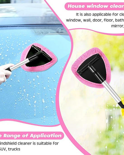 Baderke 10 Pcs Windshield Cleaner Tool Car Window Cleaning Supplies with Extendable Handle Include 6 Washable Microfiber Bonnets 2 Empty 60ml Spray Bottle Glass Wiper Kit(Pink)
