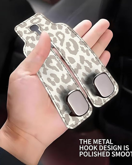 Car Seat Headrest Hook, Universal Leather Cute Hanger Holder Hook, Storage Organizer Interior Accessories for Purse Bags Handbag Luxury Grey Leopard