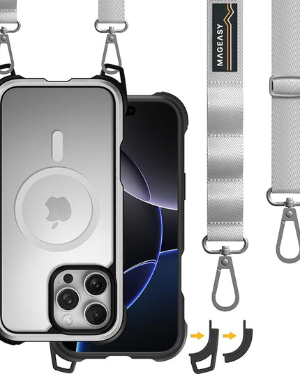 MAGEASY Designed for iPhone 16 Pro Max Case with Strap - 20ft Drop Protection Compatible with MagSafe, Transformable 2-in-1 Protective & Lanyard Case, Aluminum Frame | Odyssey Strap M (Metal Silver)