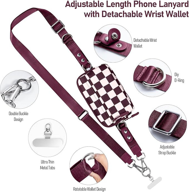 Clip and Go Strap for Phone with Wallet Crossbody Phone Lanyard and Detachable Checkered Bag with ID Window and RFID Pouch for Daily Travel.