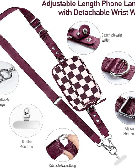 Clip and Go Strap for Phone with Wallet Crossbody Phone Lanyard and Detachable Checkered Bag with ID Window and RFID Pouch for Daily Travel.