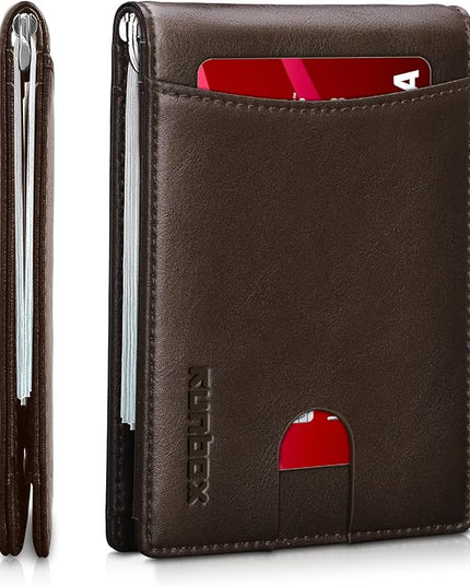 RUNBOX Slim Wallet for Men Genuine Leather RFID Blocking Bifold Minimalist Front Pocket Mens Wallet with Money Clip Thin Gift Box