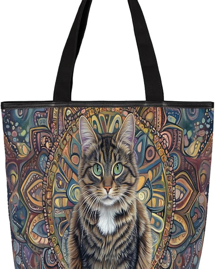 Pardick Canvas Tote Bags, Bohemian Cats Tote Bag Eco Friendly Reusable Grocery Shopping Bagsfor Beach, Books, Women with Zipper Inner Pocket