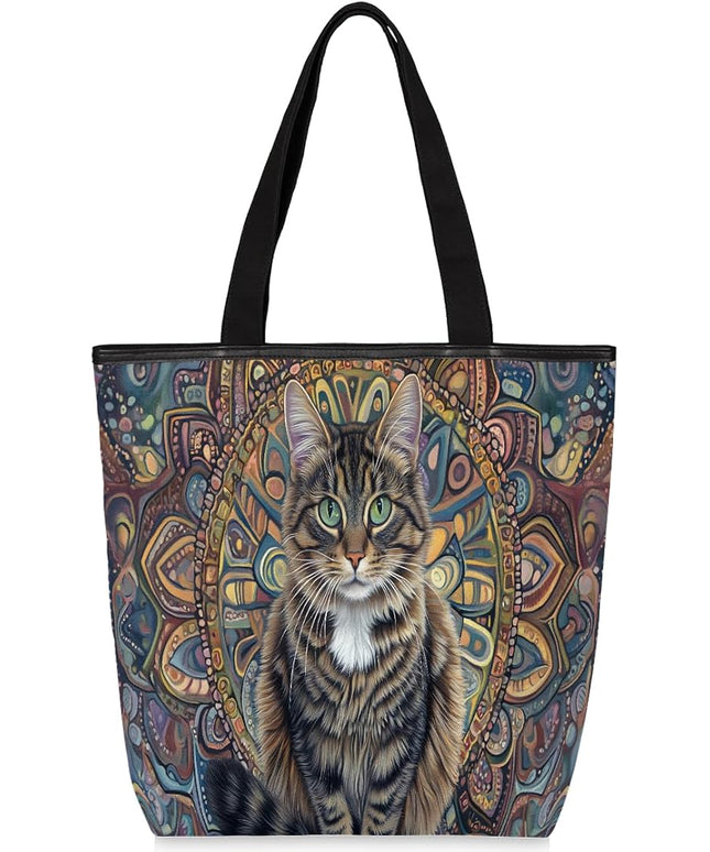 Pardick Canvas Tote Bags, Bohemian Cats Tote Bag Eco Friendly Reusable Grocery Shopping Bagsfor Beach, Books, Women with Zipper Inner Pocket