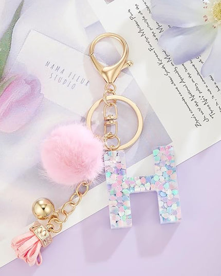 Resin Alphabet Initial Letter Keychain Keyring for Women Purse Handbags With Fur Ball Pom