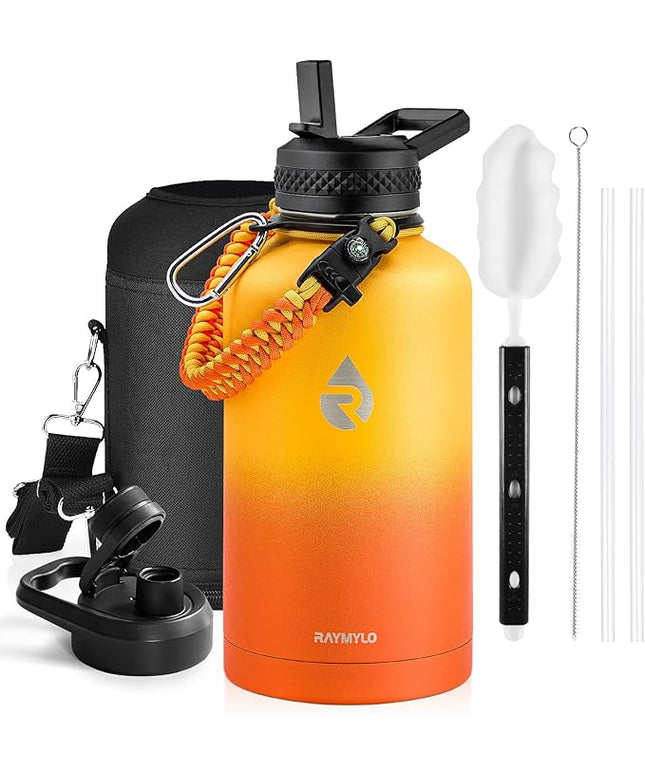 Insulated Water Bottle 64 oz, Triple Wall Vacuum Stainless Steel (Cold for 48 Hrs), Leak Proof & Non-BPA, Half Gallon Water Flask Jug with Paracord Handle & Straw Spout Lids, Ombre Orange
