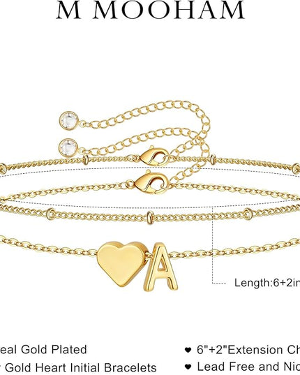 M MOOHAM Valentines Day Gifts for Kids Teen Girls -14K-Gold-Plated Heart Initial A-Z Bracelets for Women Girl Dainty Gold Bracelets Birthday Valentines Gifts for Women Her Teenage Girls Kid Teen Gift