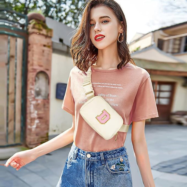 Gitus Belt Bag Fanny Pack Crossbody Bags with Initial Letter Patch Cute Stuff Birthday Gifts for Teenager Girls Trendy Preppy Stuff for Teen Girls Cool Stuff for Teens (Ivory-D)