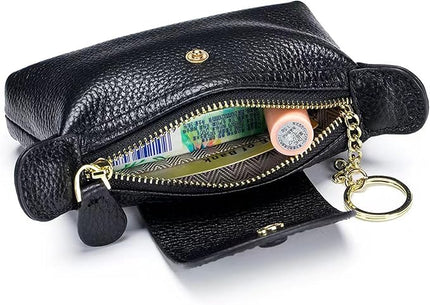 Plinvo Vintage Genuine Leather Coin Purse Keychain for Women Mini Zip Wallet Change Pouch Black (Black)