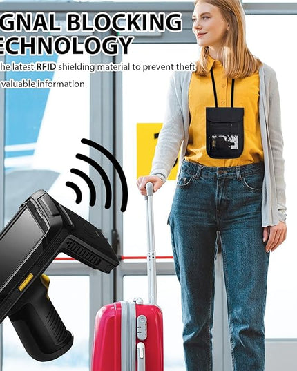 RFID Blocking Travel Neck Wallet Pouch and Passport Holder, Travel Neck Pouch Passport Holder for Women & Men - Black
