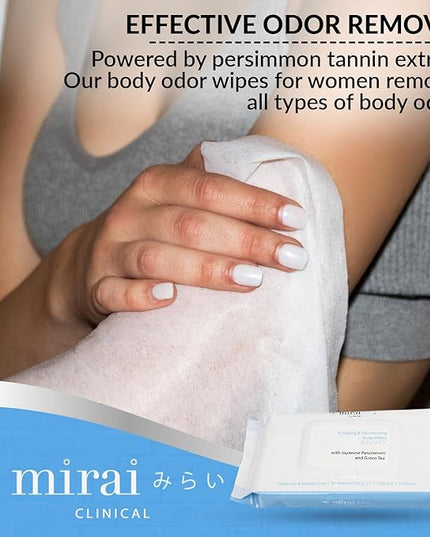 Mirai Clinical's Deodorizing Body Wipes for Women & Men - Cleansing & Refreshing Deodorant Wipes Women & Men Love - Fights Nonenal® Body Odor - For Whole Body Usage - Unscented - 3 packs.