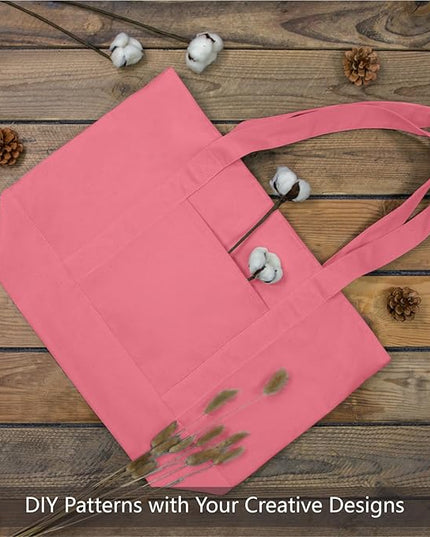 TOPDesign 6-Pack Canvas Tote Bags with an External Pocket, Reusable Grocery Shopping Bags, Top Zipper Closure, Daily Essentials (Rose Pink)