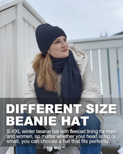 Zylioo Plus Size Fleece Lined Beanie Hat,2XL/XL/L/M/S Thermal Knitted Hat,Winter Warm Lined Snow Hats for Women Men