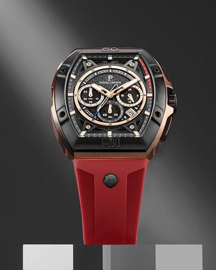Paras Crown Watches for Men Tonneau 5ATM Waterproof Quartz Luxury Chronograph Analog Men's Wrist Watches Stainless Steel Case Mens Watches