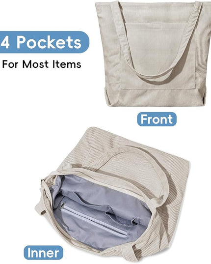 Iioscre Corduroy Tote Bag for Women,Hobo HandBags with Zipper,Large Capacity Casual Shoulder Handbags with Inner Pockets