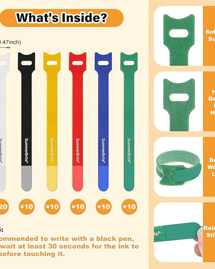 70 Pack Multi-Color Cable Ties 8 Inch with Writable Labels, Reusable Cord Organizer Straps, Hook & Loop Wire Management for TV, Audio, Ethernet, Electronics & Heavy Duty Cords