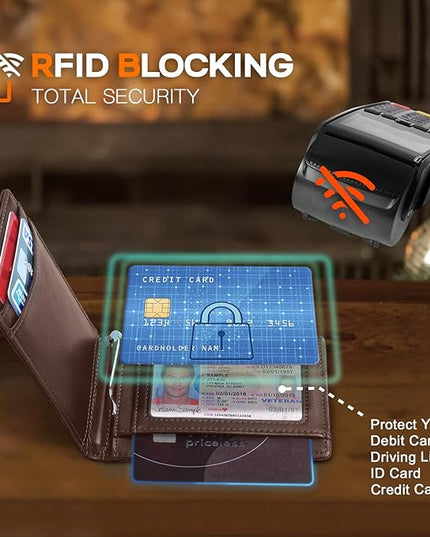 RUNBOX Slim Wallet for Men Genuine Leather RFID Blocking Bifold Minimalist Front Pocket Mens Wallet with Money Clip Thin Gift Box