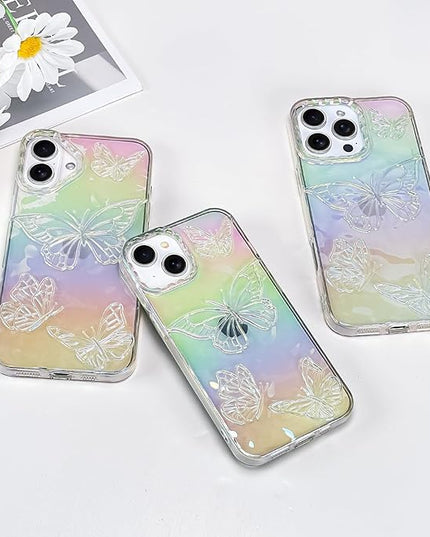 Cute Case for iPhone 15 Pro Case for Women Girls, with 3D Butterflies Pattern Design, Aesthetic Clear Iridescent Glitter Kawaii Girly Rainbow Protective Phone Cover