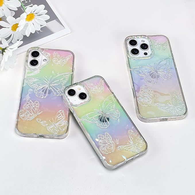 Cute Case for iPhone 16 Plus Case for Women Girls, with 3D Butterflies Pattern Design, Aesthetic Clear Iridescent Glitter Kawaii Girly Rainbow Protective Phone Cover