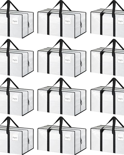 12 Pack Extra Heavy Duty Large Moving Bags with Strong Zipper & Comfortable Handles, Sturdy & Durable Clothes Storage Bags Totes Bins, Packing Moving Boxes for College Supplies, White