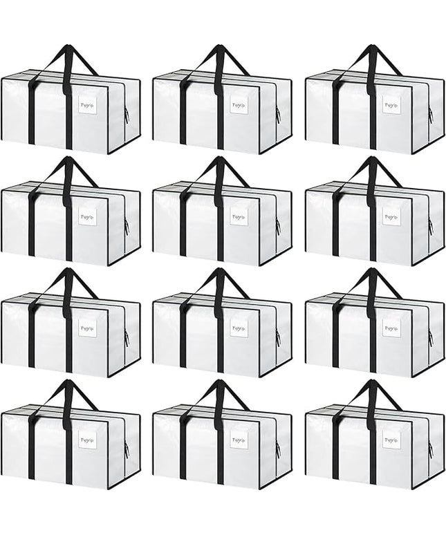 12 Pack Extra Heavy Duty Large Moving Bags with Strong Zipper & Comfortable Handles, Sturdy & Durable Clothes Storage Bags Totes Bins, Packing Moving Boxes for College Supplies, White