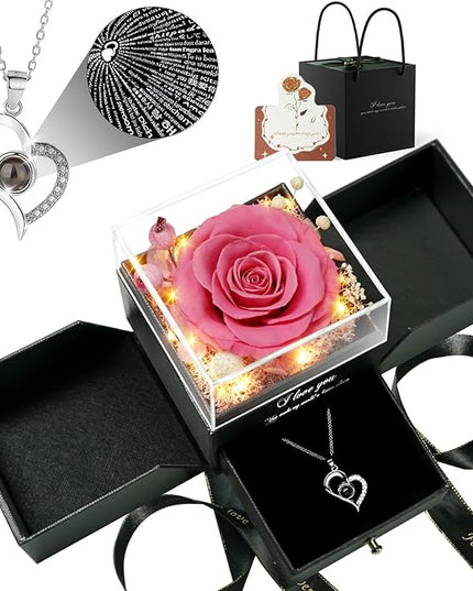 Birthday Gifts for Women, Preserved Real Roses with Heart Necklace I Love You in 100 Languages, Romantic Anniversary Wedding Gifts for Women Her Girlfriend Wife, Forever Roses Necklace Gift Box Pink