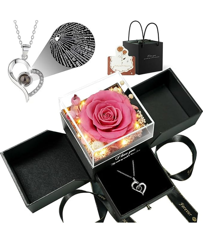 Birthday Gifts for Women, Preserved Real Roses with Heart Necklace I Love You in 100 Languages, Romantic Anniversary Wedding Gifts for Women Her Girlfriend Wife, Forever Roses Necklace Gift Box Pink