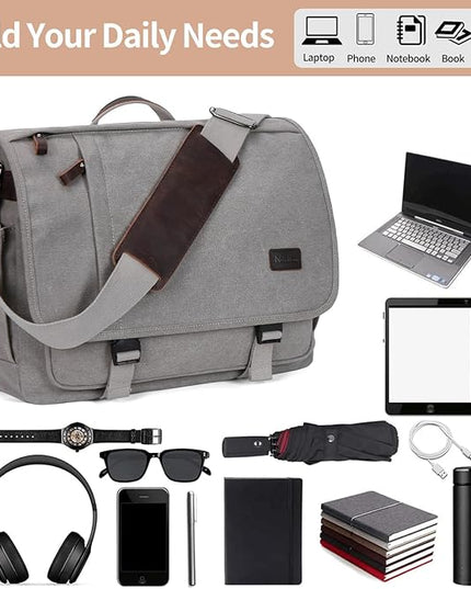 Nerlion Messenger Bag for Men 17-17.3 Inch Laptop Bag Canvas Water-resistant Computer Bag Shoulder Bag Work Briefcase Bookbag for College (Light Gray)