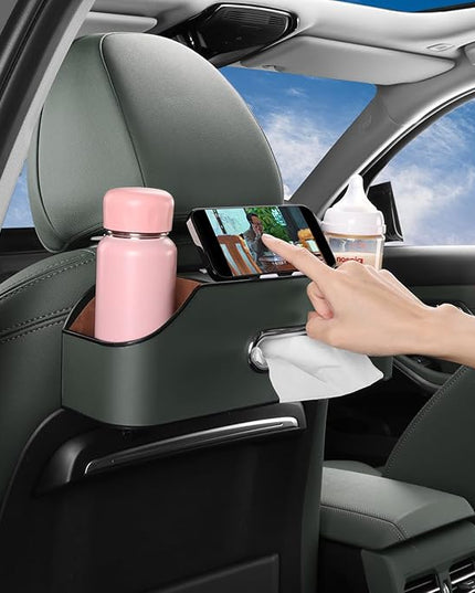 Car Seat Back Organizer - Stylish & Functional Storage for Family Adventures - Cup Holders, Tissue Box & Hooks - Perfect for Kids, Road Trips & Travel (Emeralds)