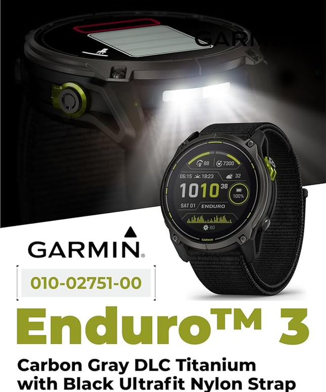 Wearable4U Garmin Enduro 3 – 51 mm, Solar, Sapphire, Ultraperformance GPS Smartwatch, Carbon Gray DLC Titanium with Black UltraFit Nylon Strap Black Earbuds Bundle