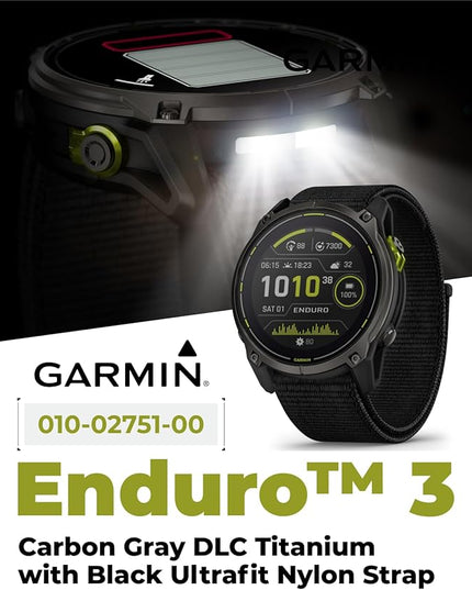 Wearable4U Garmin Enduro 3 – 51 mm, Solar, Sapphire, Ultraperformance GPS Smartwatch, Carbon Gray DLC Titanium with Black UltraFit Nylon Strap White Earbuds Bundle