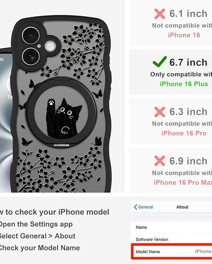 Wavy Case for iPhone 16 Plus Case with Stand [Compatible with MagSafe] Cute Black Cat & Floral & Butterflies Pattern Design, Kawaii 360 Magnetic Ring Kickstand Phone Cover for Women Girls