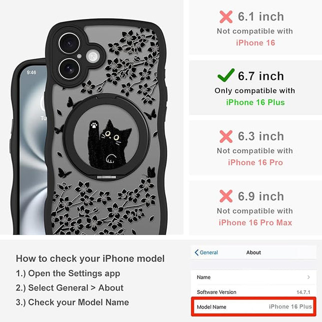 Wavy Case for iPhone 16 Plus Case with Stand [Compatible with MagSafe] Cute Black Cat & Floral & Butterflies Pattern Design, Kawaii 360 Magnetic Ring Kickstand Phone Cover for Women Girls