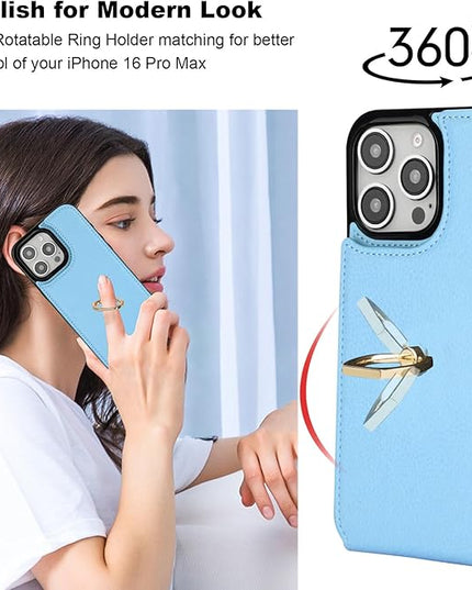 Folosu Compatible with iPhone 16 Pro Max Case Wallet with Card Holder, 360°Rotation Finger Ring Holder Kickstand, RFID Blocking Leather Protective Double Buttons Shockproof Cover 6.9 Inch Blue