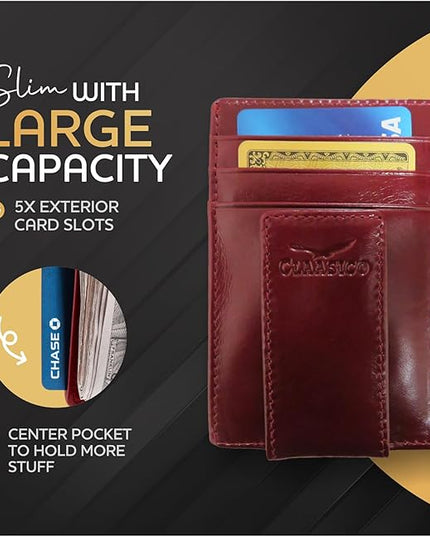 Money Clip Leather Wallet For Men Slim Front Pocket RFID Blocking with Super Strong Magnetic
