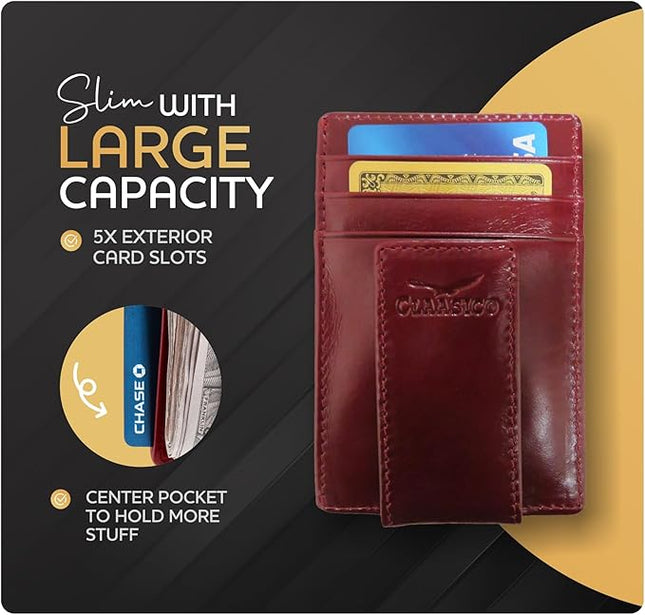 Money Clip Leather Wallet For Men Slim Front Pocket RFID Blocking with Super Strong Magnetic